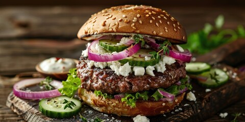 Lamb Burger with Feta Cheese, Red Onion, Cucumbers, and Greek-style Mayo