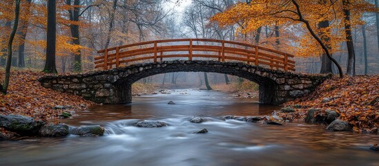 Canvas Print - Stone Bridge Over a Misty River in Autumn