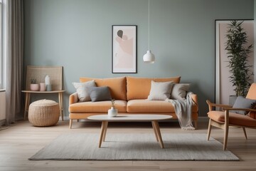 Wall Mural - Modern Living Room Interior with Orange Sofa and Armchair