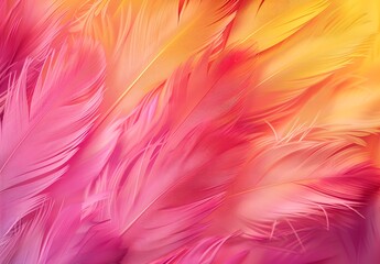 Vibrant pink and yellow gradient background with feather texture for a festive touch. The soft, fluffy feathers add an artistic feel to the design, creating a visually appealing and dynamic wallpaper 