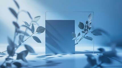 Wall Mural - A minimalist composition featuring leaves and geometric shapes with a soft blue color palette and delicate shadows.