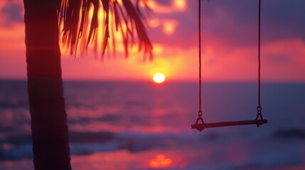 Wall Mural - Silhouette of a swing hanging from a palm tree, set against a vibrant sunset over the ocean.