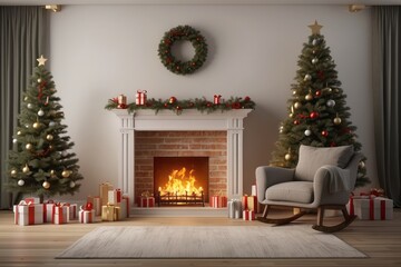 Cozy Christmas Living Room with Fireplace and Decorated Trees