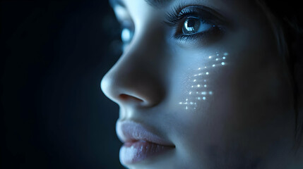 Wall Mural - Close-up of a woman's face with glowing digital pattern on cheek.