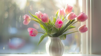 Wall Mural - A bunch of pink tulips in a white vase by the window, illuminated by soft sunlight, creating a serene ambiance.