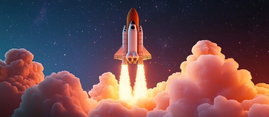 Poster - 3D cartoon rendering of a new spaceship shuttle successfully lifting off into the starry sky with blasts and puffs of smoke Space mission and rocket launch