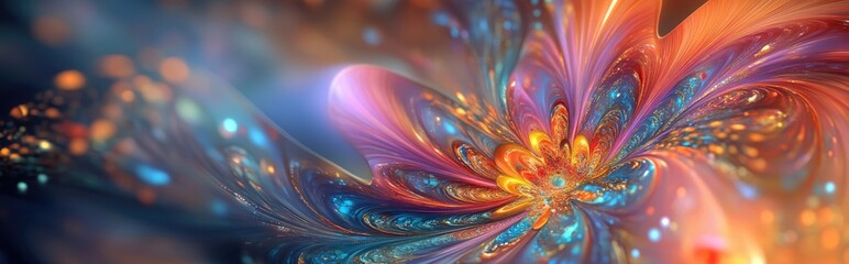 Poster - Beautiful abstract background in 3D cartoon rendering featuring colorful floral fractals and modern graphic art This digital fantasy effect creates a trendy desktop wallpaper with a futuristic fra