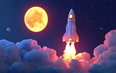 Poster - Cartoon rendering in 3D of a new space rocket launching into the sky with smoke and clouds accompanied by a full moon Space mission liftoff concept