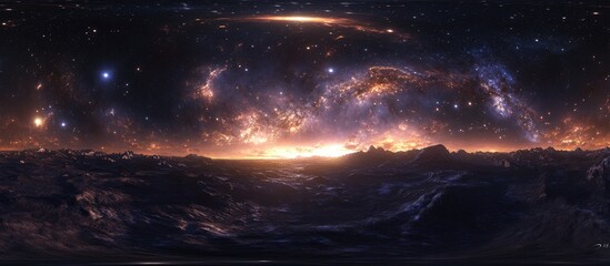 Wall Mural - 360 degree stellar system and glowing nebula in a 3D cartoon rendering Equirectangular projection spherical panorama HDRI map
