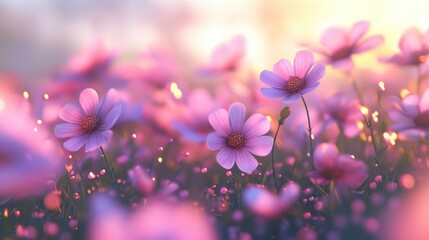 Poster - Blurred background of pink cosmos flowers in an autumn field featuring 3D cartoon rendering