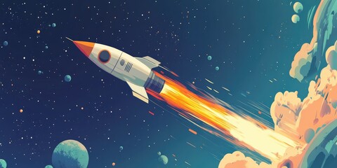 Poster - Rocket and outer space in a 3D cartoon rendering digital drawing