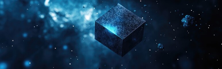 Poster - Abstract cosmic background featuring a dark blue square in a 3D cartoon rendering Futuristic space illustration