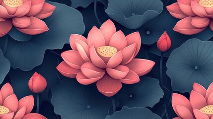 Poster - Stylized hand drawn lotus flowers seamless pattern in oriental style created with 3D cartoon rendering Endless background