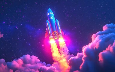 Poster - Rocket soaring into the starry sky in a 3D cartoon rendering Spaceship commences its mission Space shuttle launches for the mission