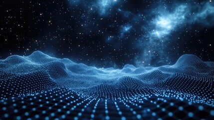 Leinwandbilder - 3D illustration of an abstract landscape featuring a cyberspace grid on a dark background showcasing a starry outer space texture and a hi tech network