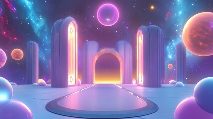 Poster - 360 panoramic background featuring modern lights and space in a 3D cartoon rendering