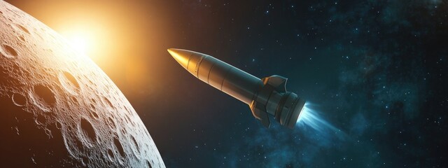 Aufkleber - A rocket soaring to the moon in a 3D cartoon rendering with sunlight breaking through behind the moon
