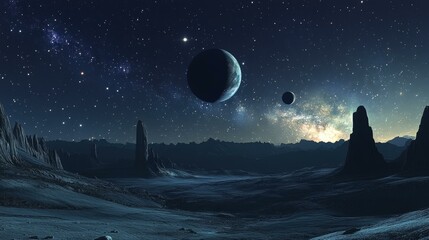 Alien Landscape with Two Moons and Milky Way