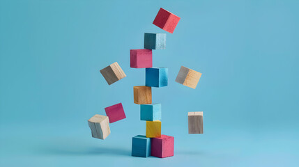 Poster - Multicolored wooden cubes and blocks levitating above arranged tower