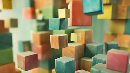 Poster - Multicolored wooden cubes and blocks levitating above arranged tower