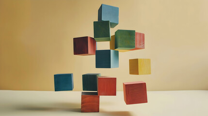 Poster - Multicolored wooden cubes and blocks levitating above arranged tower
