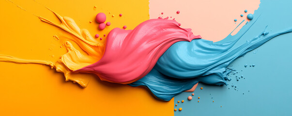Poster - Vibrant paint splash in pink and blue against a colorful background, symbolizing creativity and artistic expression.