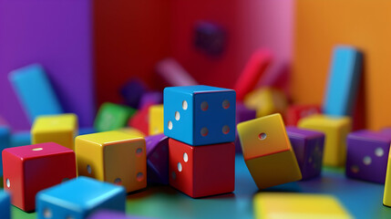 Poster - ??olored cubes and domino over it
