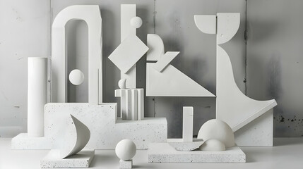 Poster - Set of white cement geometric elements.