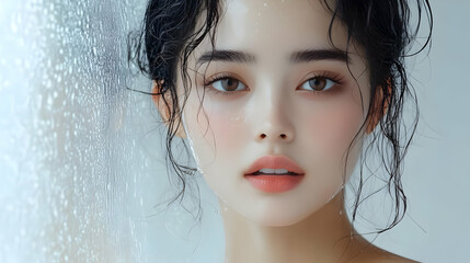 Closeup portrait of a beautiful young woman with wet hair and skin, looking at the camera.