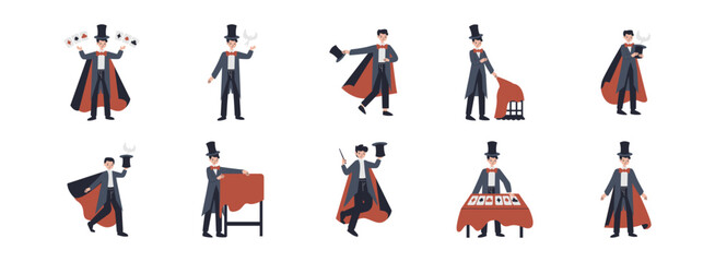 Magician Character flat illustration set. Include of wizard, fantasy, performance, show, and costume. Vector illustration isolated transparent background