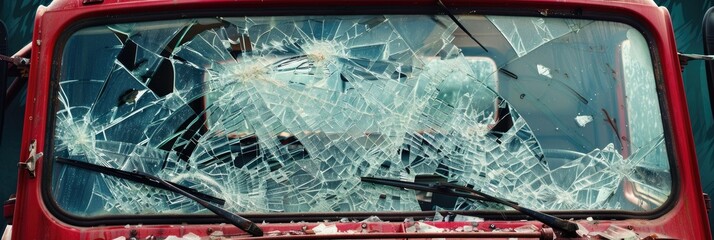 Poster - Damaged windshield of a red truck showing signs of impact and destruction.