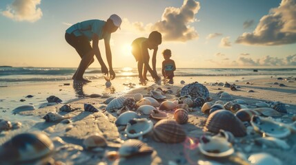 Wall Mural - Parents and child collecting seashells on a summer beach minimal