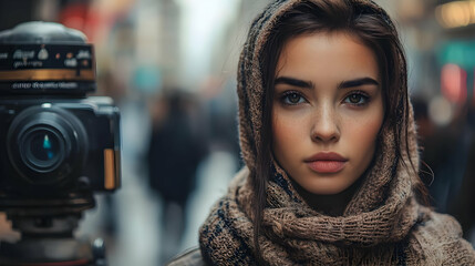 Wall Mural - Close-up portrait of a woman with freckles in a brown knitted scarf, looking directly at the camera.