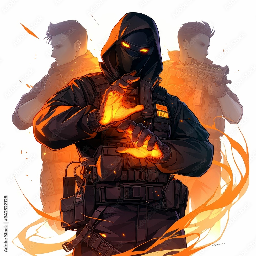 Studio Fire Backgrounds Hooded Figure with Glowing Hands Surrounded by Fire Stock Illustration ...