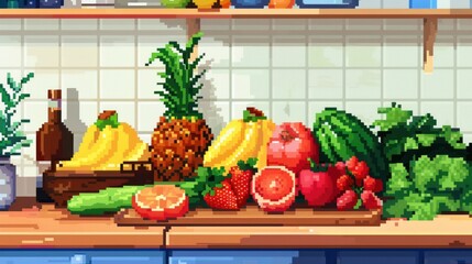 Wall Mural - Pixelated fruit still life on a countertop.