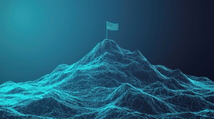 Abstract mountain with a path to the top. Way to goal in digital futuristic style on a blue technology background. 3D Render illustration of success achievement concept.