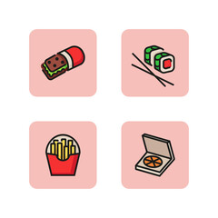 Wall Mural - Fast food delivery icon set. Burrito, French fries, sushi rolls, pizza. Takeaway food concept. Vector illustration can be used for topics like delivery service, unhealthy eating