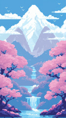 Sticker - Pixel art mountain cherry blossoms