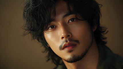 Wall Mural - Close-up portrait of a young man with dark hair and a goatee, looking at the camera.