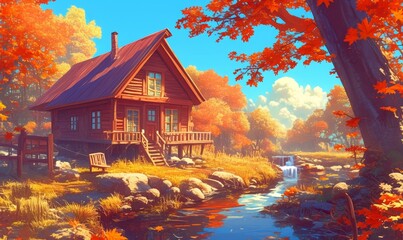 Autumn Serenity: Cozy Cabin in Vibrant Maple Forest - Anime-Style Illustration for Seasonal Marketing and Nature Retreats. Peaceful Lifestyle Scene with Elderly Person in Rocking Chair by Clear Stream