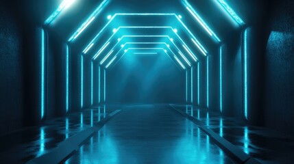 Poster - 3D rendering of a dark abstract scene featuring searchlight rays neon blue highlights and illuminated tunnel elements against a dark background with spotlights