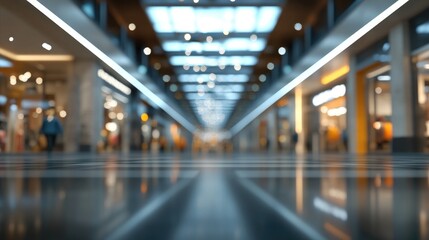 Poster - 3D rendering of a dark blurred image showcasing a modern shopping mall corridor with a bokeh effect ideal for background use
