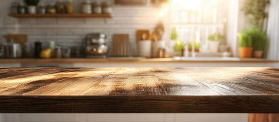 Poster - 3D rendering of a kitchen interior featuring a beautiful brown wood table top with a blurred background illuminated by daylight flare bokeh ideal for product montage display