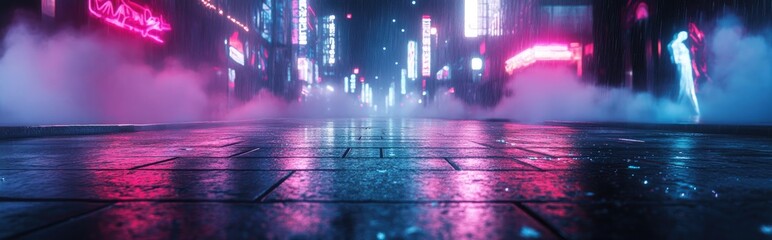 Poster - 3D rendering of an empty background scene featuring a dark street reflected on wet pavement illuminated by neon light rays and abstract figures surrounded by smoke