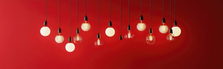Poster - 3D rendering of stylishly decorated modern light bulbs hanging against a red wall