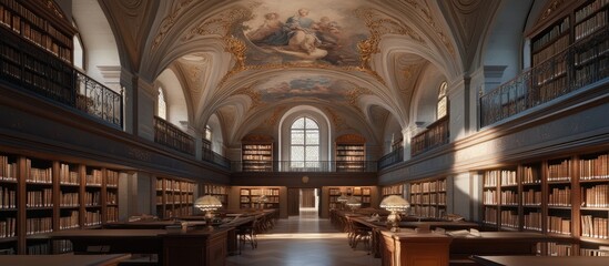 Poster - 3D rendering of a vault ceiling interior with frescoes in a historical library setting