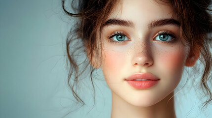 Poster - Close-up portrait of a young woman with blue eyes, freckles, and light brown hair.