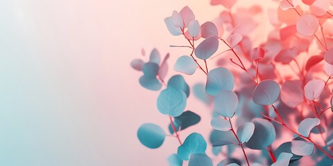 Wall Mural - Close-up of delicate blue leaves with red stems against a soft pink background.