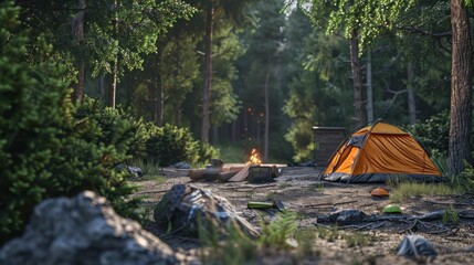 Poster - Campsite in the woods with a tent, campfire, and a hiking trail.