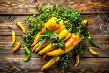 whimsical rustic arrangement of banana peppers and fresh herbs on distressed wooden planks with warm golden light and loose organic composition